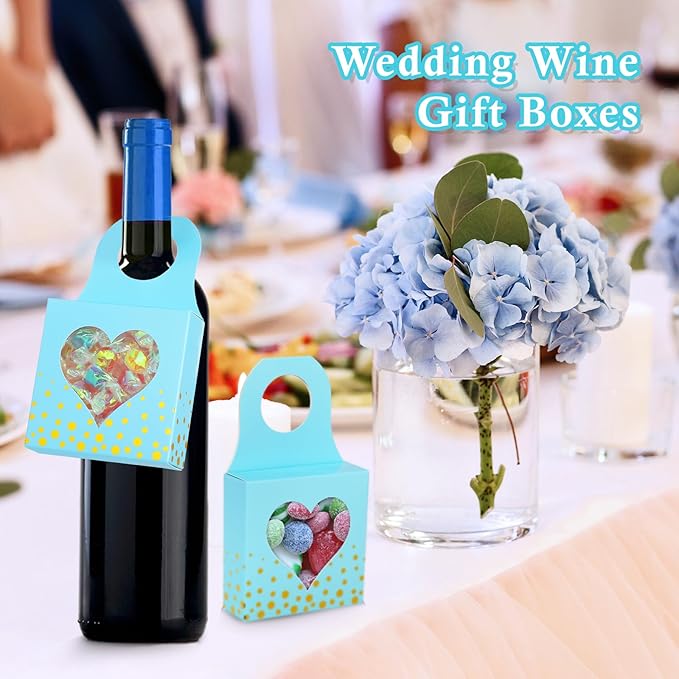 ISKYBOB 25 Pieces Wine Bottle Box with Window, Kraft Paper Wine Boxes for Gifts Hanging Wine Bottle Gift Box Foldable Wine Bottle Hanger Favor Box for Holding Candy Truffles Chocolate Cookies (Blue)