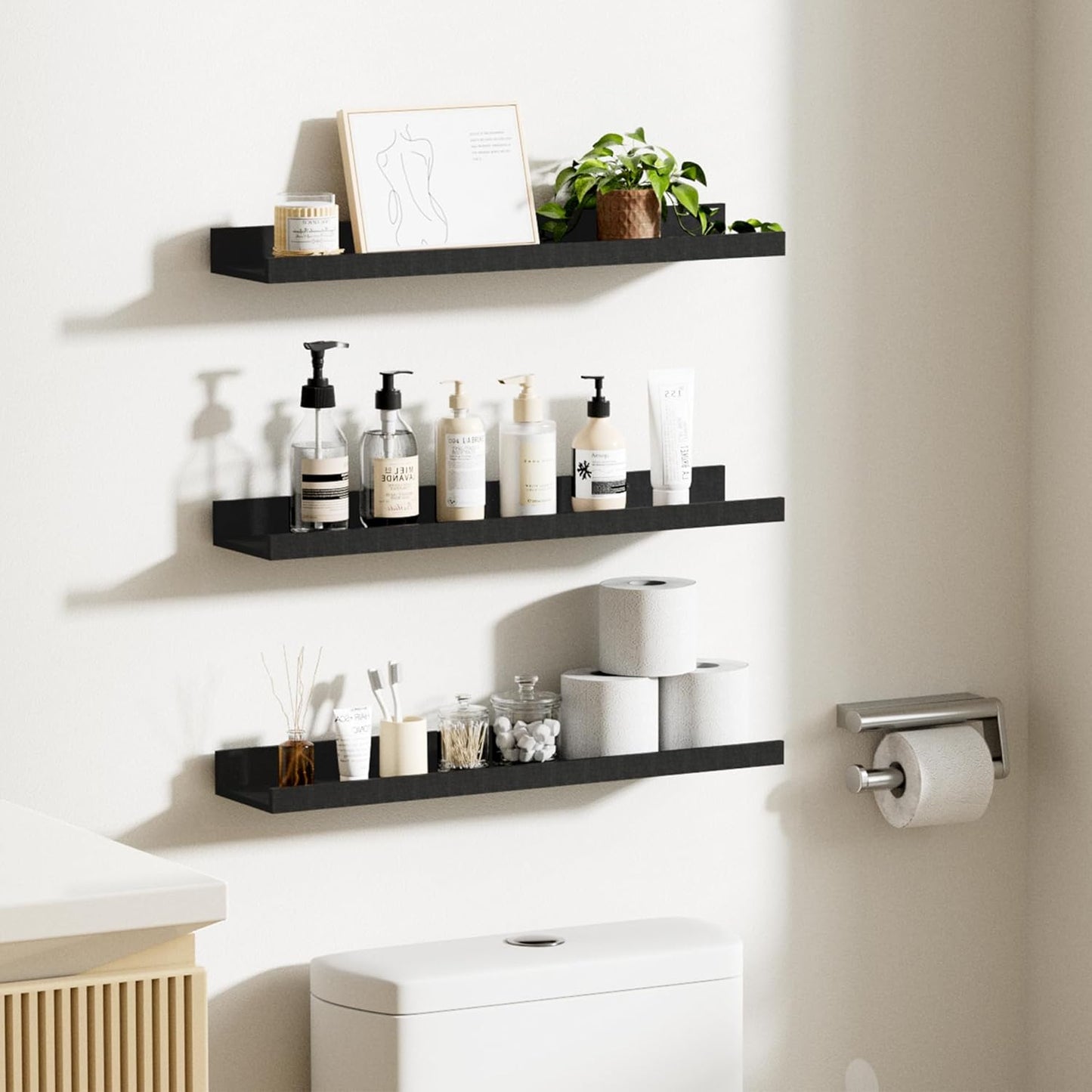 upsimples Floating Shelves for Wall, Wall Shelves for Decor Storage Set of 6, Wall Mounted Wood Shelf for Bedroom, Living Room, Bathroom, Kitchen, 23.6 inch Long Picture Ledge Shelf, Black