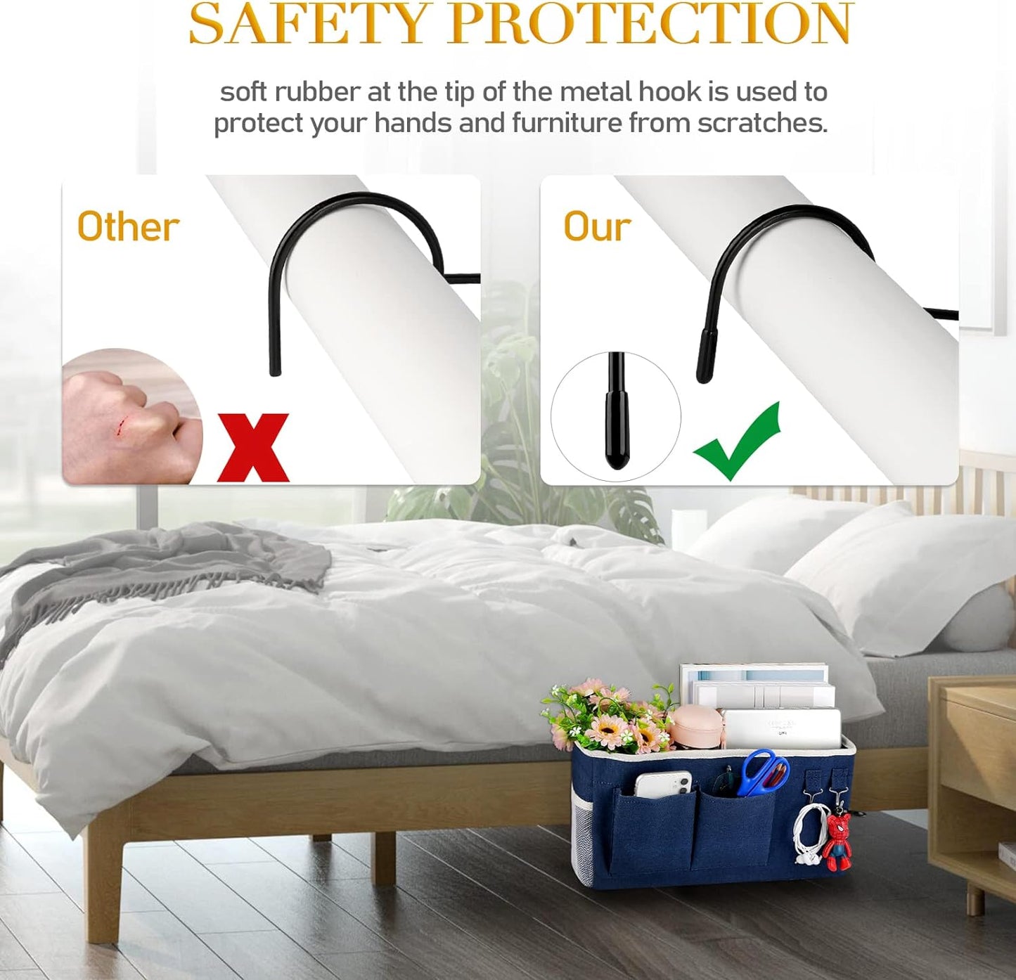 Bedside Storage Caddy/Bedside Hanging Storage Bag for Headboards Bunk Beds Dorm Rooms Book Phone Magazine Holder (2PC Navy Blue)