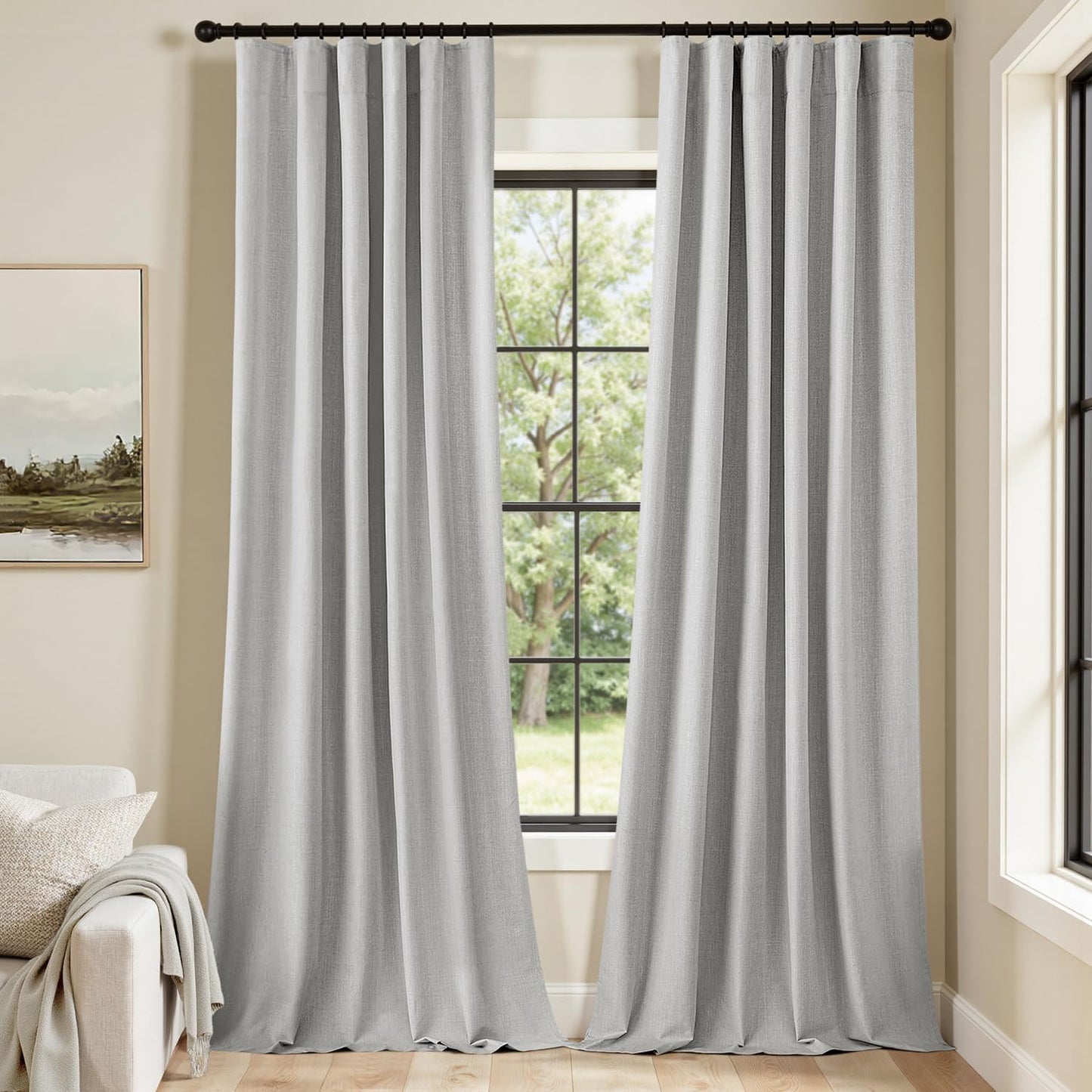 MIULEE 100% Blackout Curtains 96 Inch Long 2 Panels Set for Bedroom, Thick Luxury Faux Linen Black Out Curtain Room Darkening Back Tab Pleat Window Textured Drapes with Hooks for Living Room, Grey