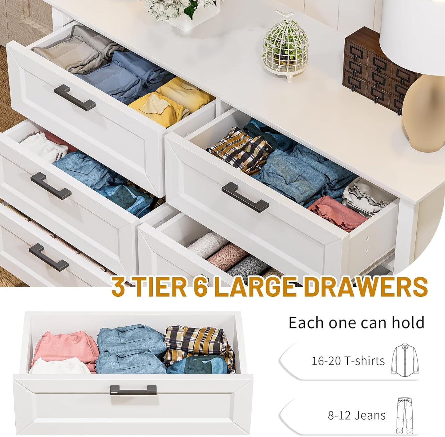 White Dresser for Bedroom with 6 Drawer, Bedroom Furniture Organizer Storage, Wood Double Dresser & Chest of Drawers, Modern Farmhouse Style, Dressers for Closet, Living Room 30” Tall