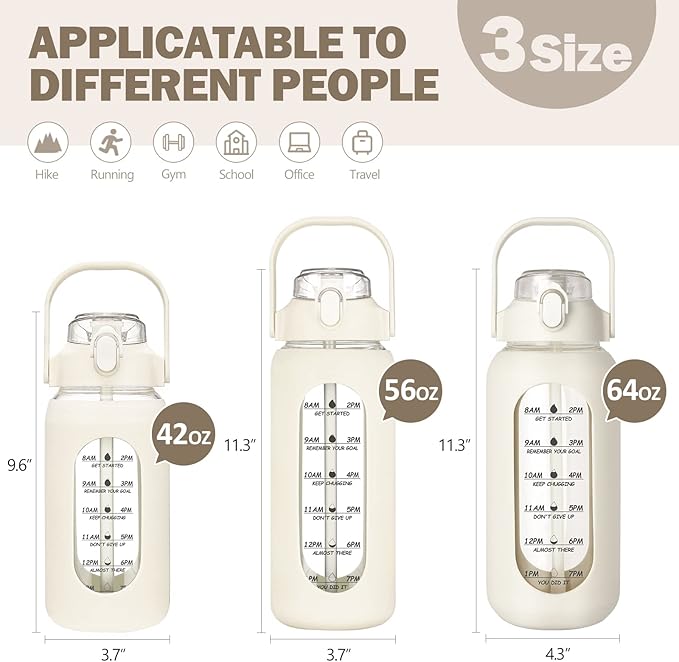 kytffu 42oz Glass Water Bottles with Straw, Motivational Glass Bottle with Silicone Sleeve and Time Marker, Leakproof Large Glass Water Jug for Gym Home Office,White