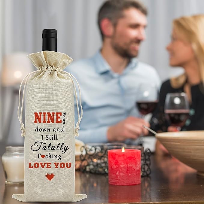 9th Anniversary Wedding Gift for Couple Wine Bag 9 Years of Marriage Gift for Women Men Drawstring Wine Wrapping Bag 9th Anniversary Keepsake Gift Birthday Christmas Valentine Gift Wine Gift Bag