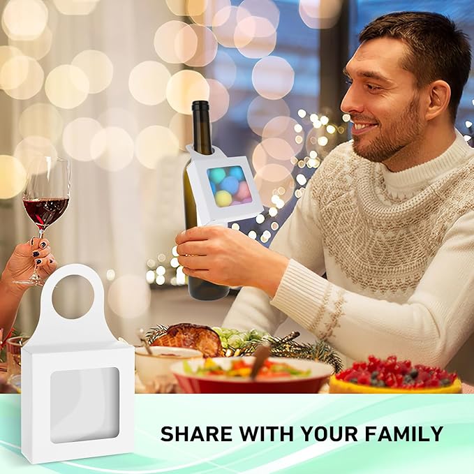 Sibba Kraft Paper Wine Bottle Box 14 Pcs Hanging Foldable Gift Wine Accessory Sets Folding White Bags Reusable Package With Window Handles for Kitchen Dining Engagement Christmas Party