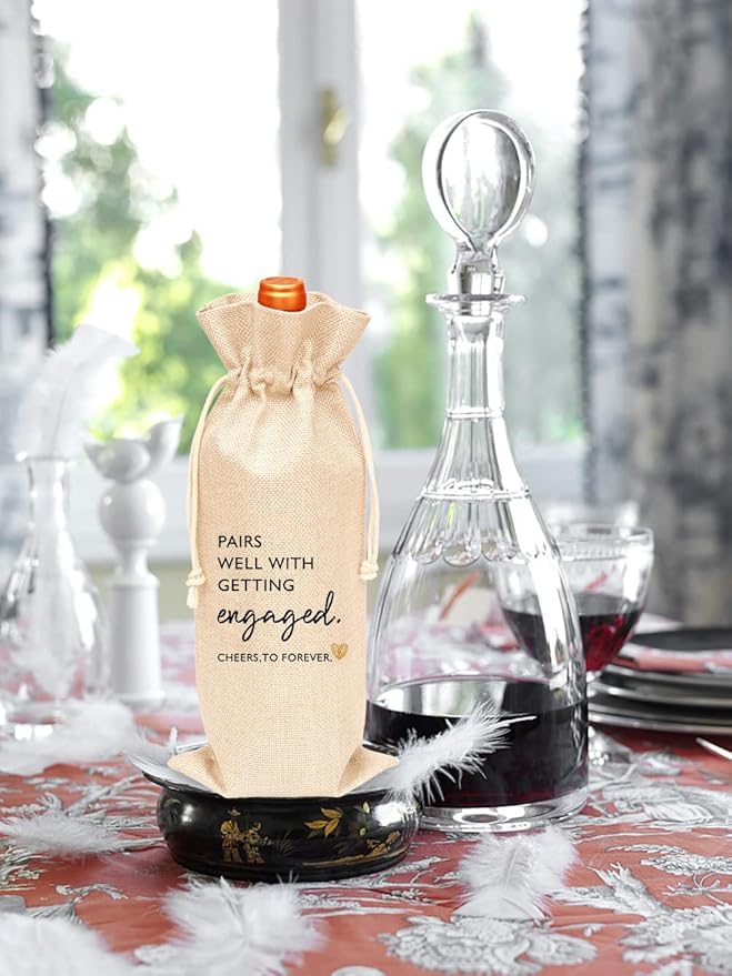 Toctose Engagement Gift Wine Bag 1Pc, Pairs Well With Getting Engaged, Engagement Gift for Couples, Gift for her, Him, Bride and Groom Gift-Cotton Linen Drawstring Wine Bag(WB070)