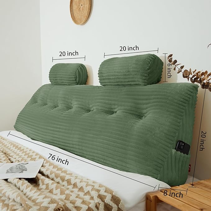 Headboard Pillow King with 2 Pack Neck Roll Pillow Large Headboard Pillow Soft and Supportive with Removable Cover (sage Green, King：76x8x20 Inches)