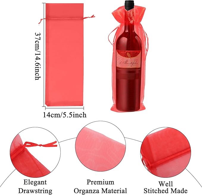 YaeYur 24pcs Organza Wine Bags Organza Wine Gift Bags Bulk Sheer Wine Gift Pouches Organza Wine Bottle Gift Bags with Drawstring for Christmas Wedding Baby Shower Birthday Party Festival Gift Favors