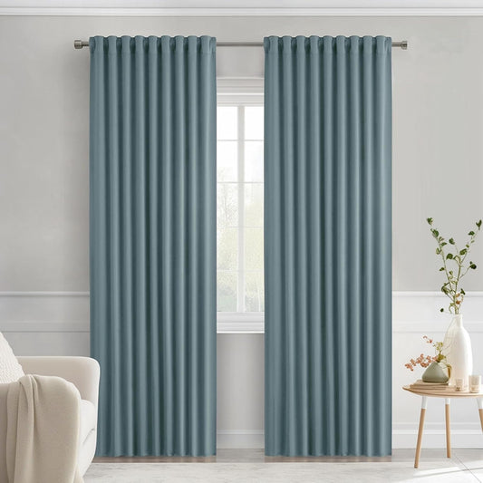 MIULEE Greyish Blue Back Tab Blackout Curtains 90 Inches Long 2 Panels Set for Living Room Bedroom Privacy, Rod Pocket/Pinch Pleat Thermal Insulated Room Darkening Pleated Light Blocking Drapes