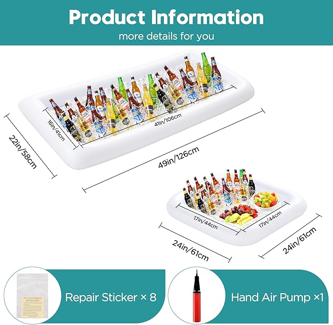 HBlife 4 PCS Inflatable Serving Bar, 2 Size Inflatable Buffet Cooler for Party,BBQ,Luau, Salad Ice Tray Food Drink Containers with Drain Plug and 1 Hand Air Pump