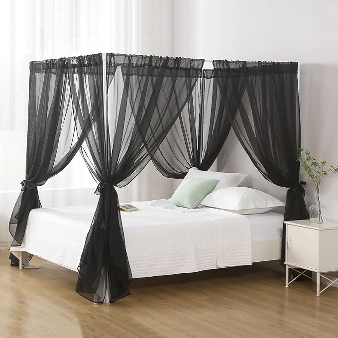 Chiffon Black Bed Canopy Queen Size, Gothic Style Girls Canopy Bed Curtains, 4 Post Bed Curtains for Adult Room Decor