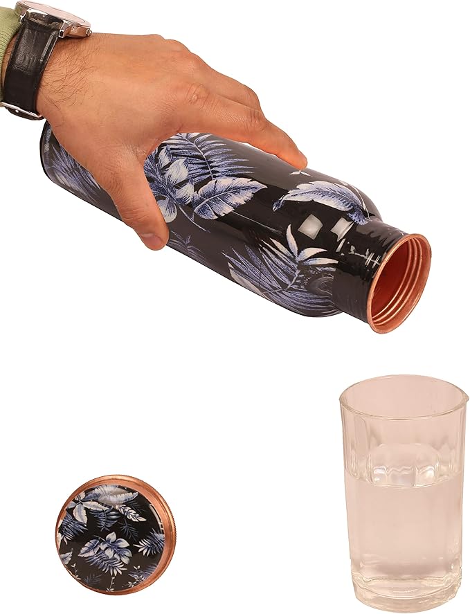 Pure Copper Water Bottle - Handcrafted - Ayurveda health benefits - Large 35 oz - Leak proof - Easy to carry for Sports, Fitness, Yoga, School - Indigo Blue Artistic Petals Motifs Enamel