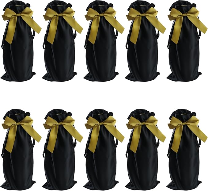 HEVSTIL 10Pcs Satin Wine Bags Wine Gift Bags with Decorative Bows,Wine Bottle Bags Reusable Wine Bottle Covers for Christmas, Wedding, Birthday, Travel, Holiday Party,Housewarming Gifts,Black