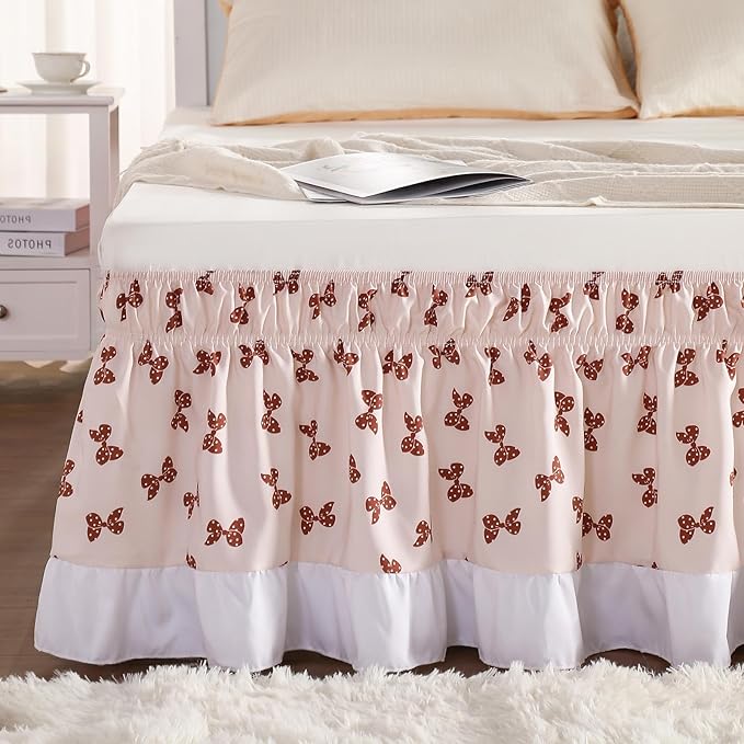 RIMELA Light Pink Elastic Bed Skirt Queen Szie 14 inch Drop, Bedskirt Easy to Put On, Solid Wrap Around Dust Ruffle, Fade Resistant Silky Fabric Machine Washable