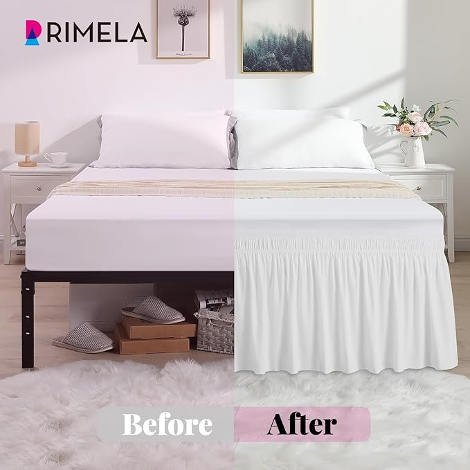 RIMELA White Bed Skirt Full Size 15 Inch Drop, Wrap Around Elastic Adjustable Bedskirt, Bed skirting Dust Ruffle for Bed Frame & Box Spring Soft Durable Fabric Machine Washable Easy to Install