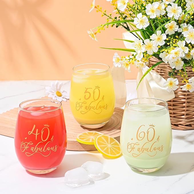 DAZLUTE 50th Birthday Gifts for Women, 50 & Fabulous Wine Glass with 1 Pack Reusable Burlap Wine Bag, 50 Year Old Wine Glass Birthday Gift for Women Mom Friend Sister Wife Aunt Grandma, 17 Oz Gold