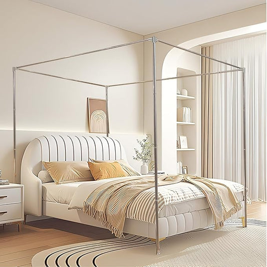 Stainless Steel Canopy Bed Frame Full Size, Thicken Metal Frame with 4 Corners Design Sturdy Bed Canopy Frame for Metal Bed Wood Bed Bedroom Decor