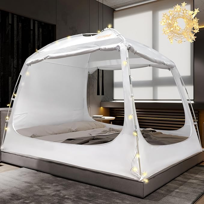 Bed Tent Bed Canopy Full Size for Adult and Kids - Portable Sleeping Tents Indoor Dream Tents 70% Blackout with String Light 3 Doors Breathable Privacy Space Tents