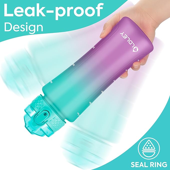 OLDLEY Kids Water Bottle for School with Straw Chug Lid, 15 oz Unbreakable Leak-Proof BPA-Free Motivational Water Bottles with Time Marker for Travel Sports Gym, 2 Lids, Mint Purple