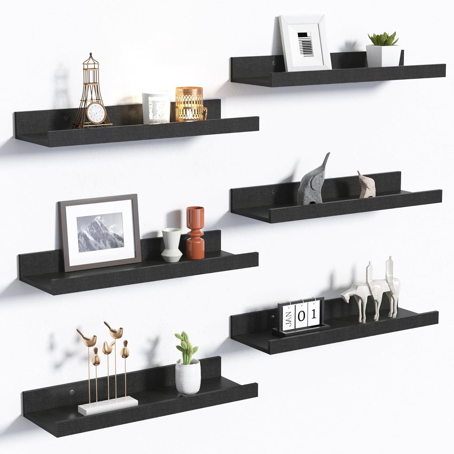 upsimples Floating Shelves for Wall, Wall Shelves for Decor Storage Set of 6, Wall Mounted Wood Shelf for Bedroom, Living Room, Bathroom, Kitchen, Picture Ledge Shelf, Black