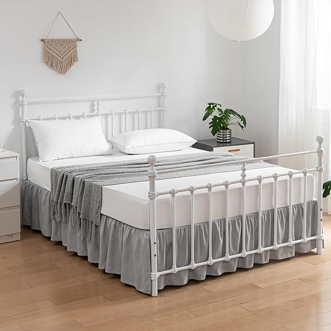 Bed Skirt Twin Size Ruffled Bed Skirt with Split Corners, 12 Inch Drop Dust Ruffle Bed Skirt with Platform, Light Gray