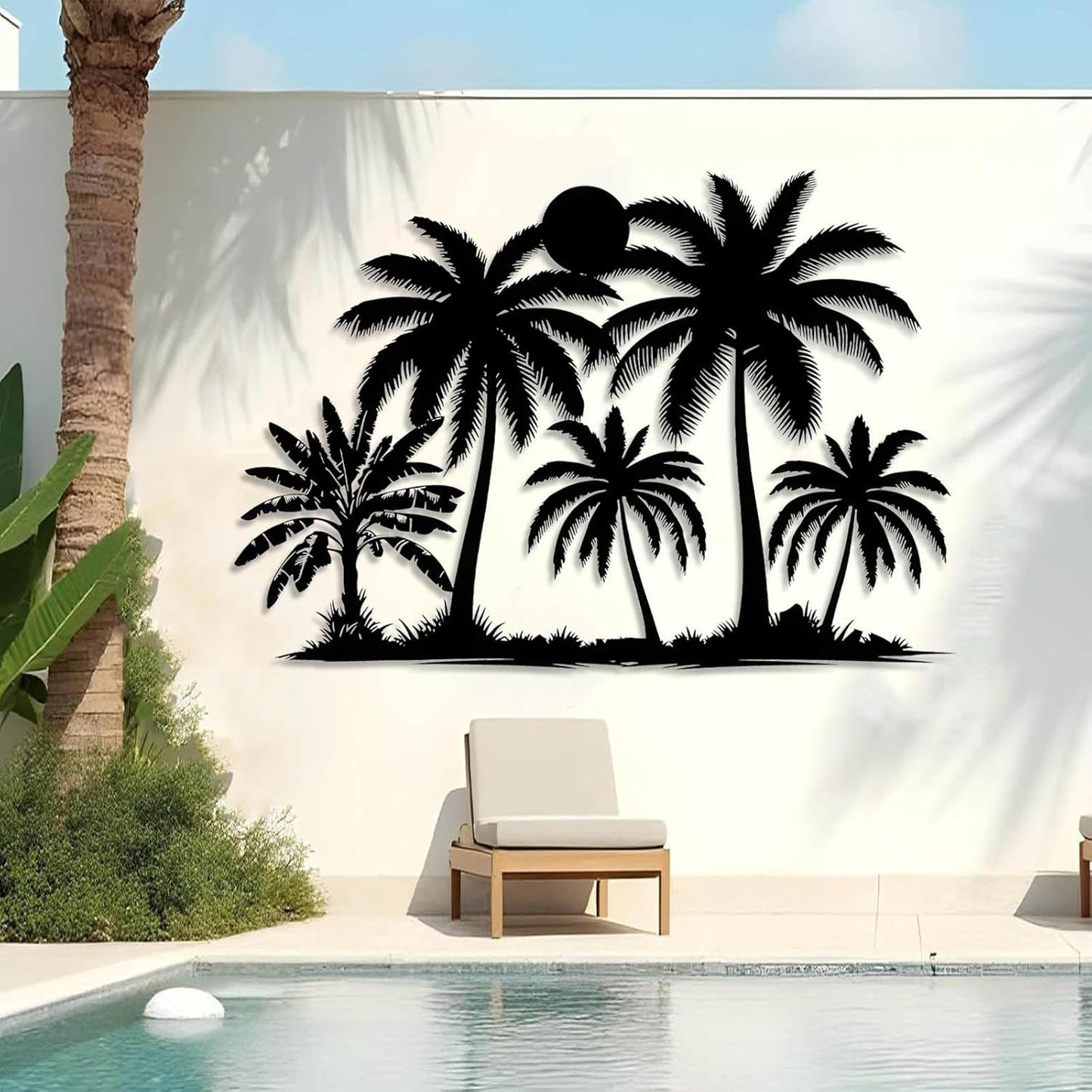 Tuglona Metal Palm Tree with Sunset Wall Decor, Tropical Palm Tree Metal Wall Art, Tropical Wall Decor, Sun Wall Art, Beach Wall Decoration, Coastal Trees Wall Hanging (White, 48"x33"/121x84cm)