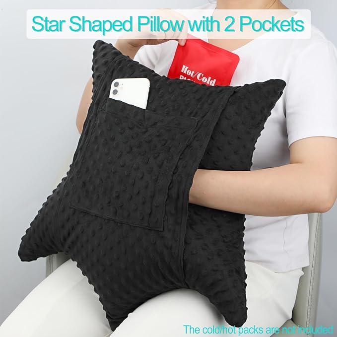 Heart Surgery Pillow Shock Absorbing for Open Heart Surgery After Bypass Coughing with 2 Pockets - Recovery Gifts with Hands Placement Pouch, Minky Dot Black