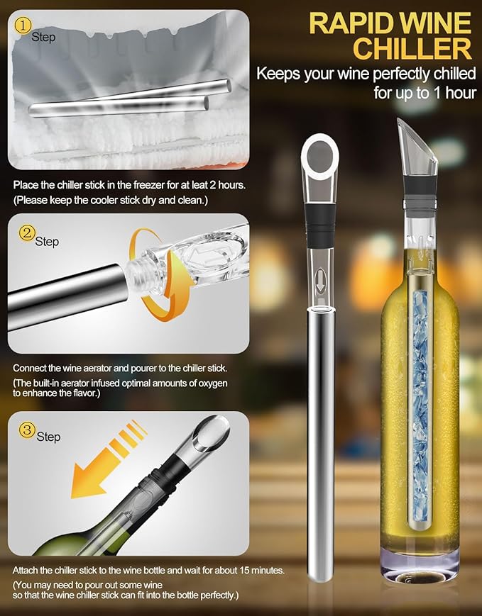 6pcs Wine Chiller Set - 2 Wine Bottle Cooler Sticks + 1 Wine Aerator Pourer + 1 Foil Cutter + 2 Wine Stoppers, Wine Tasting Drinking Accessory, Hosting Wine Gift for Wine Lover Women Men