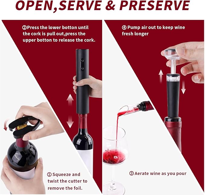 Electric Wine Opener Set with Battery Operated Corkscrew,Vacuum Stopper, Wine Pourer, Foil Cutter, Storage Base. Gift for Wine Lovers and Friends, Small, Black