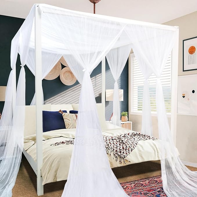 tupi White Canopy Bed Curtains for King/Queen Size Bed, 4 Corner Adult Bed Canopy, Ultra Elegant Bed Curtain Drapes Bedroom Decor, Stylish Polyester Netting Canopy, Easy Installation