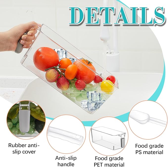 Havawish 2 Set Ice Bin and Flexible Scoop Set Plastic Freezer Ice Bin with Pull out Handle Clear Ice Storage Ice Bucket for Freezer Ice Container with Ice Bucket Scoop Kitchen (10.83 x 4.92 x 4.33 in)