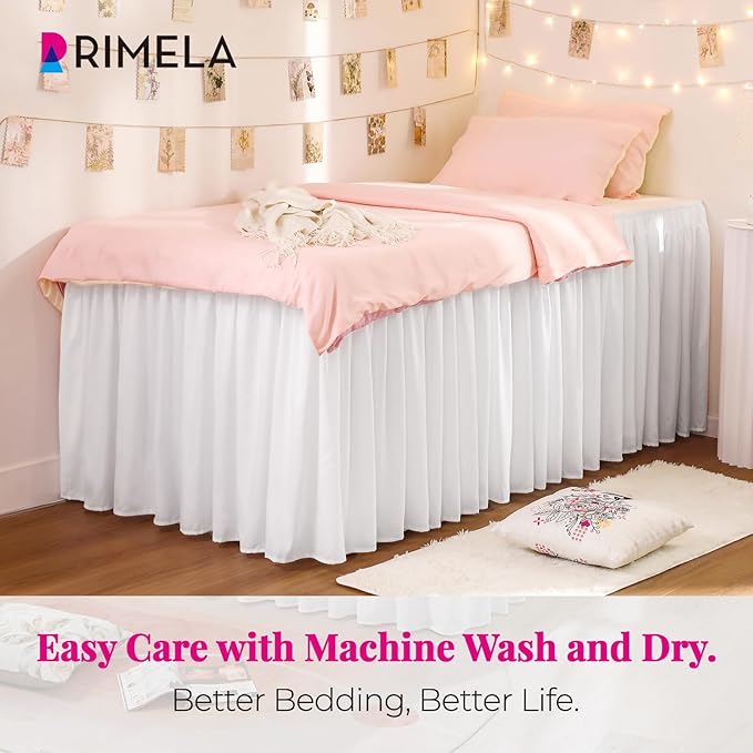RIMELA Dorm Bed Skirt Twin XL 46 Inch Drop, Extra Long Wrap Around Elastic Bed Skirts Easy to Put On Twin Size Dust Ruffle, White Bedskirt for Adjustable Bed Base Solid Silky Fabric Machine Washable