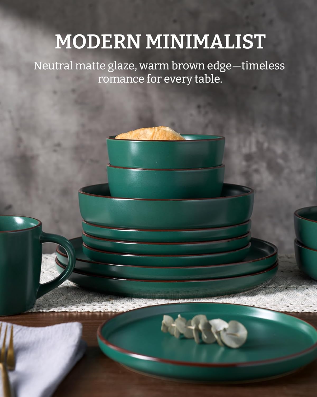 Famiware Mercury Plates and Bowls Sets, 12 Pieces Stoneware Dinnerware Sets, Dishes Set for 4, Microwave and Dishwasher Safe, Dark Green