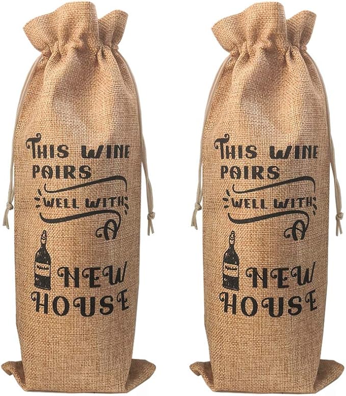 GIFTED LUGAR New House Gift Wine Bag, House Warming Presents for Women, Welcome to the Neighborhood Gift, Housewarming Gifts for Men, W/Drawstring & Tag (Jute Wine Bag) (2 pcs)