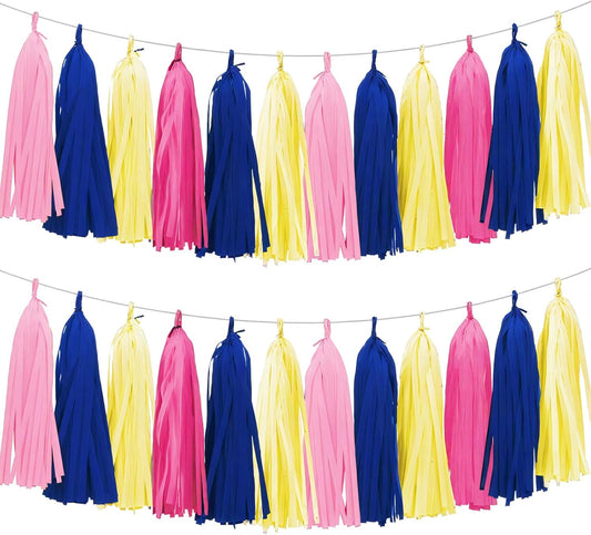 Tissue Paper Tassel Garland Banner, 20 Pack, Hot Pink Navy Blue Lemon Yellow Pink, Party Decorations for Birthday, Baby Shower