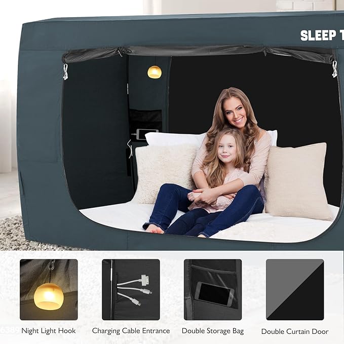 BORNA Bed Tent Full Bed Canopy for Indoor Portable Light Reducing Sleeping Canopy for Kids and Adult,Bunk Blackout Tents Breathable Privacy Space Tent Mosquito Netting for Bed(Navy Blue)