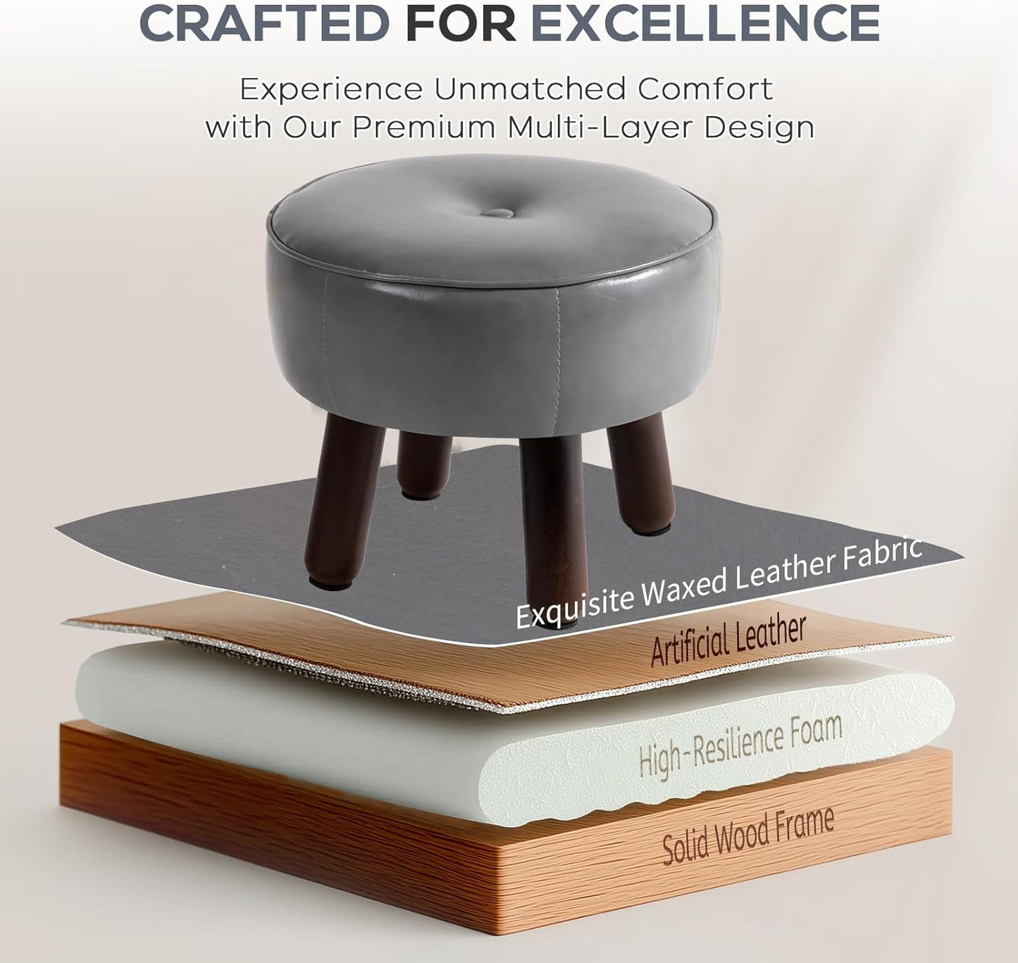 Ottoman, Small Foot Stool, Round Leather Pouf Ottoman, 13''L x 13''W x 10.2''H Foot Rest with Non-Skid Rubber Legs for Living Room Bedroom Couch Entryway, Grey