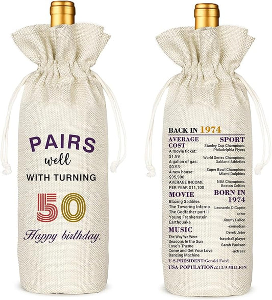 Socive 50th Birthday Gift for Women Men,50th Birthday Wine Bag,1974 Birthday Wine Bag,50 Years Old Birthday Party Decor Gift (50 BIRTHDAY)