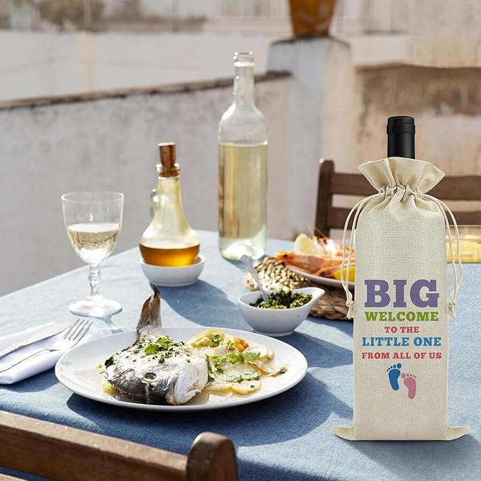 Welcome Baby Wine Bag New Baby Birth Gift for Friends Sister Baby Announcement Gift for Mom Dad Baby Girl Baby Boy Gift Drawstring Wine Wrapping Bag Baby Shower Decors Reusable Burlap Wine Gift Bag