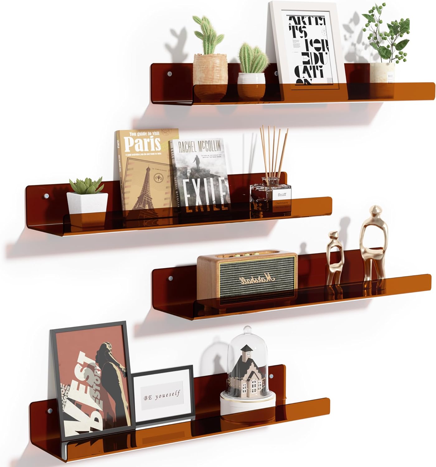 upsimples Acrylic Shelves for Wall Decor, 15" Display Shelf Perfume Organizer for Bathroom, Bedroom, Living Room, Floating Bookshelves for Kids, Clear Brown, 4 Pack