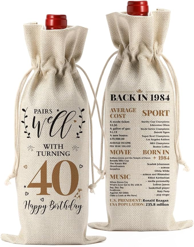 40th Birthday Gifts Women Men, Vintage Gifts for 40 Year Old Man Husband Wife Friends Brother Dad Mom Him Her, Happy 1984 40th Birthday Anniversary Decorations Wine Bag?Wine Gifts Wine Gift Bag