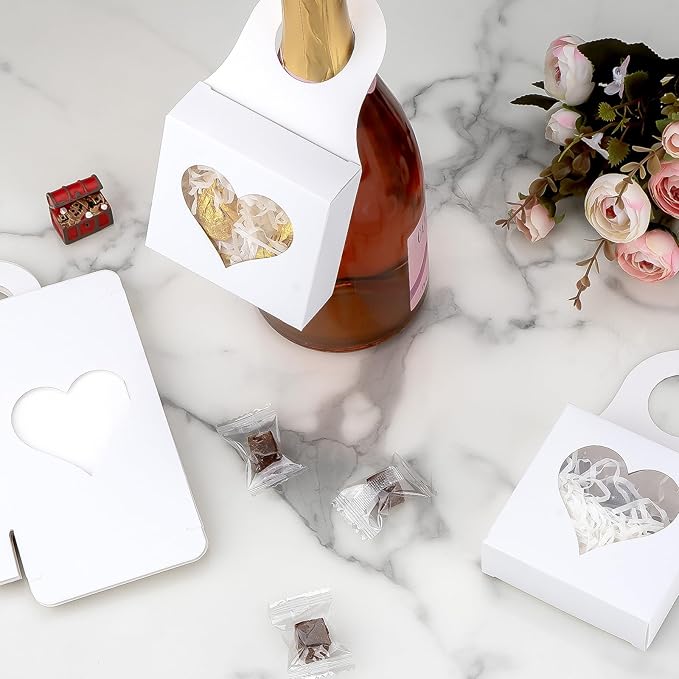 CAIRIAC Kraft Paper Wine Bottle Box with Window, Foldable Wine Gift Favor Boxes for Cookies Chocolates Hanging Boxes for Wine Bottle Champagne Drinks Gifting, 25 Pack Bottle Hanger Boxes (White)