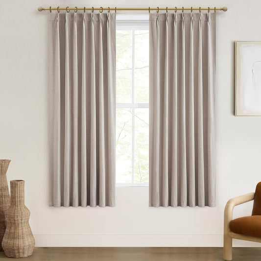 Textured Thick Burlap Cafe Small Window Curtains 45 Inch Length, Boho Farmhouse Pinch Pleated Curtains Blackout Heat Blocking Flax Linen Drapes 2 Panels Set Back Tab for Closet Without Door