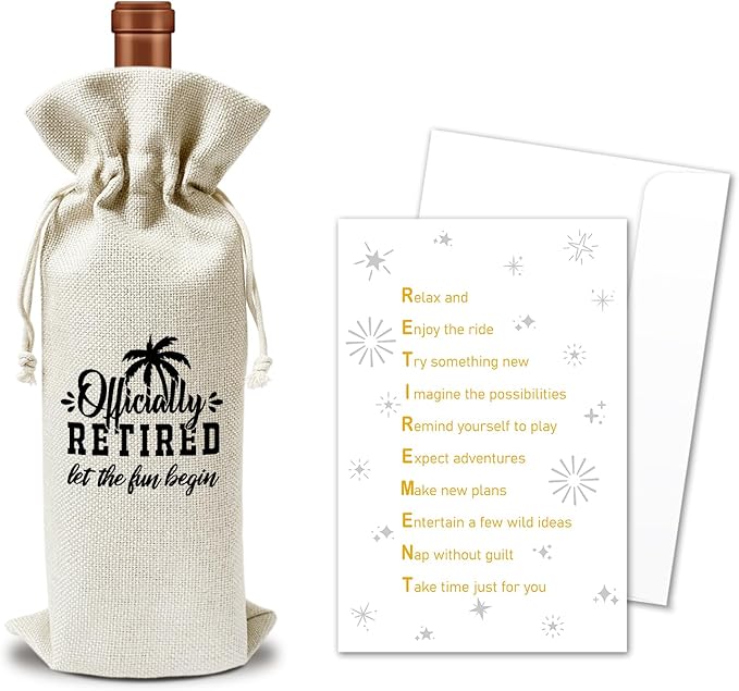 Retirement Wine Gift Bags & Card, Retirement Gifts for Women Men Grandparent Coworker Colleague Leaving Go Away Gifts 1pcs Reusable Burlap Wine Gift Bags for Wine Bottles, Retirement Party Favor -10