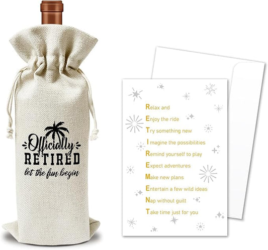 Retirement Wine Gift Bags & Card, Retirement Gifts for Women Men Grandparent Coworker Colleague Leaving Go Away Gifts 1pcs Reusable Burlap Wine Gift Bags for Wine Bottles, Retirement Party Favor -10