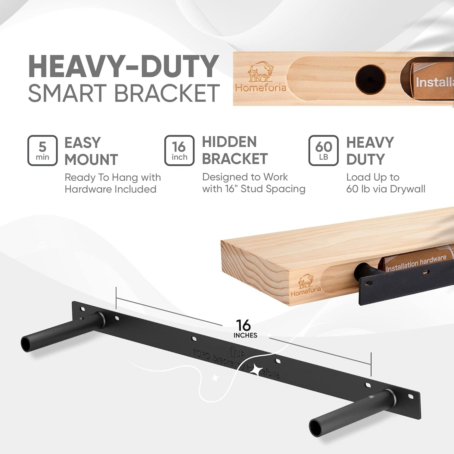 Homeforia Black Floating Shelves 30 inches Long, High End Solid Real Wood 30 inch Floating Shelf for Wall Mounted, Black Wooden 30in Floating Shelves, Heavy Duty Bracket, 30 X 6.5 X 1.75 in, Set of 2