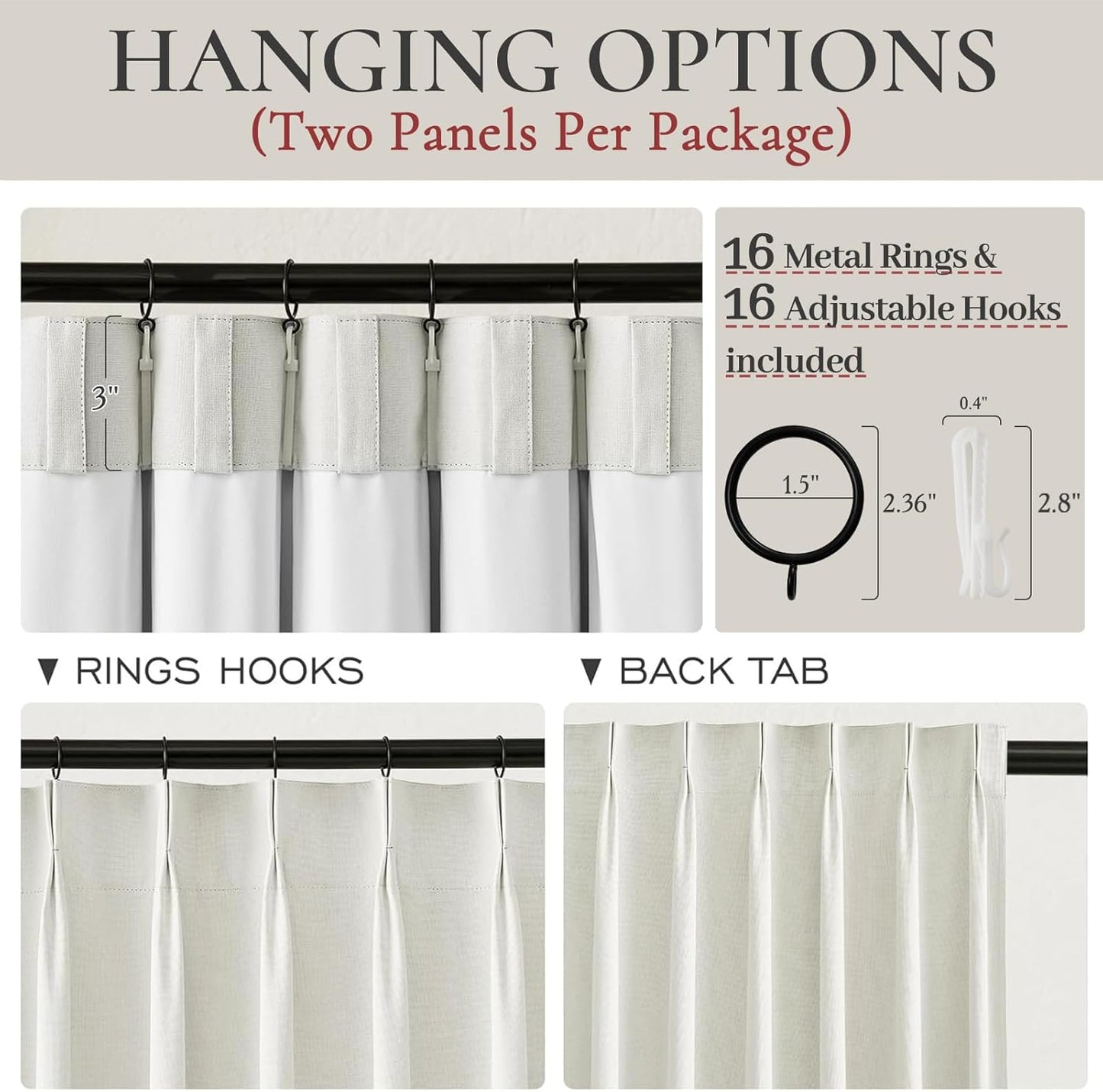 Beige White Pinch Pleated Linen Mini Curtains for Small Window 2 Panels Set, Pretty 100% Blackout Curtains 45 Inches Long Hooks Rings Back Tab for Kitchen Windows Insulated Privacy Drapes