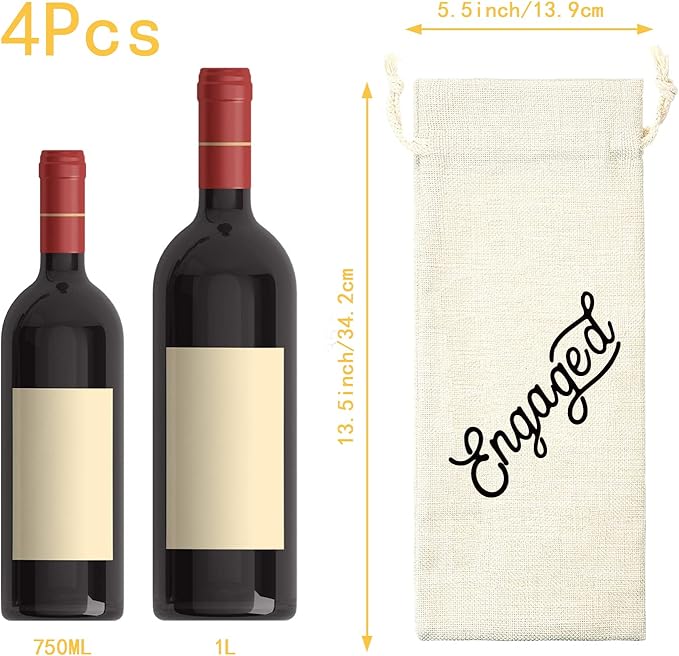 PLIGREAT 4 Pcs Cotton Linen Wine Bags, Reusable Wine Gift Bags with Drawstrings, Wine Bottle Wrap Bags Bulk Congrats Gifts Bags for Engagement Party Thanksgiving Christmas Gifts Bags