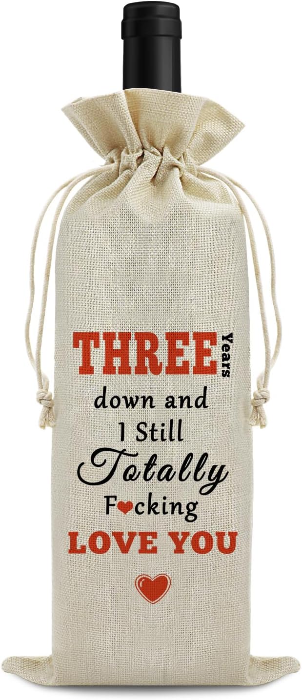 Sfodiary 3 Years Marriage Gift for Wife Husband Wine Bag 3rd Anniversary Wedding Gift for Couples Burlap Wine Bag Anniversary Keepsake Gift Birthday Christmas Valentine Gift for Her Him Wine Gift Bag