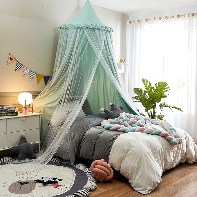 VETHIN Bed Canopy for Kids with Lights,Double Layer Princess Round Dome Children Dreamy Mosquito Net Bedding Girls Room Castle Play Tent Hanging House Decor Reading Nook Canopies(Green/White)