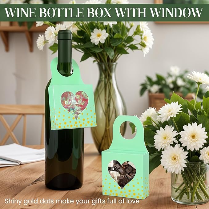 Megitzuu 50 Pieces Wine Bottle Box with Window, Green Wine Boxes for Gifts Hanging Foldable Wine Gift Boxes Kraft Paper Wine Bottle Hanger Favor Box for Holding Candy Truffles Chocolate Cookies